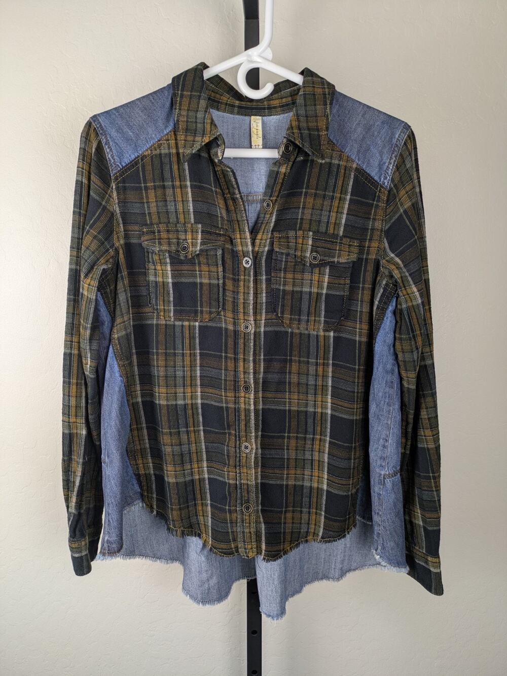 Free People Road Trip Getaway Button Down Shirt Dark Plaid Denim